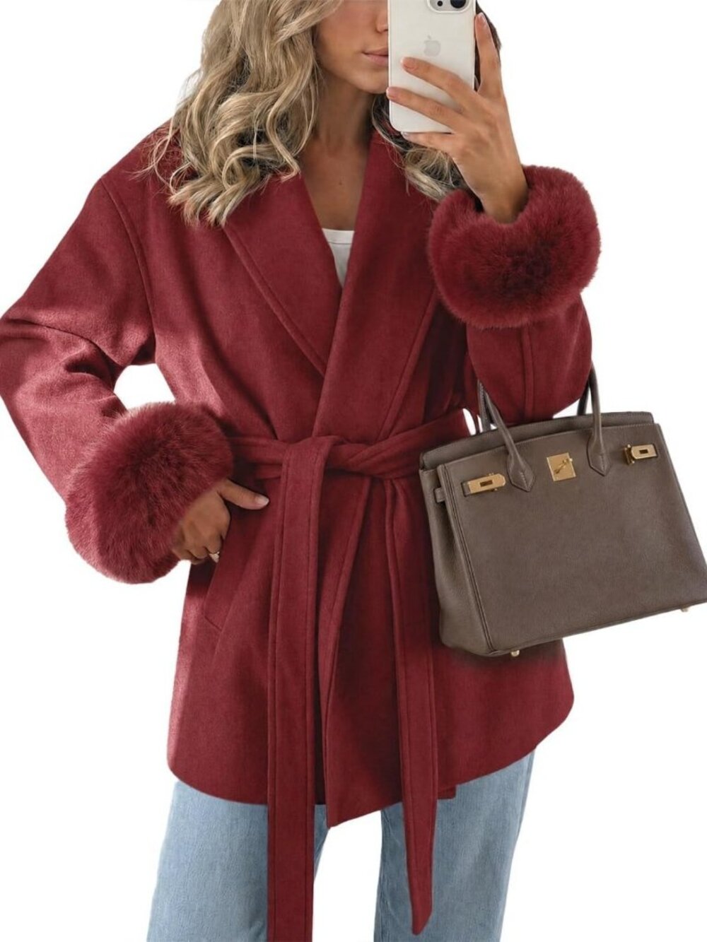 Chic Women's Winter Wrap Peacoat with Faux Fur Lapel & Belted Style